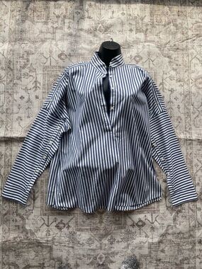 Akris Punto Navy and White Vertical Stripe Button-Down Shirt